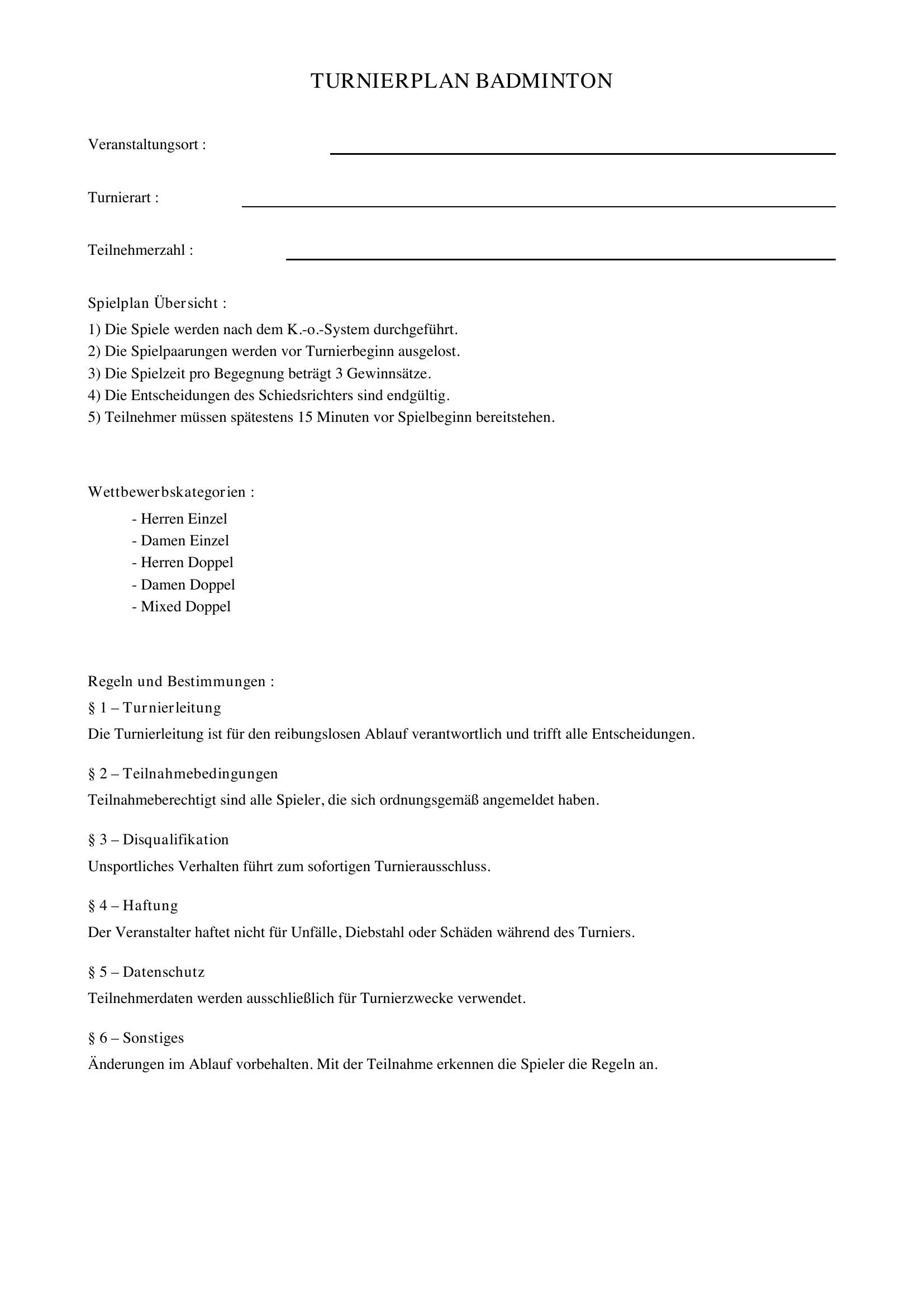 Turnierplan Badminton