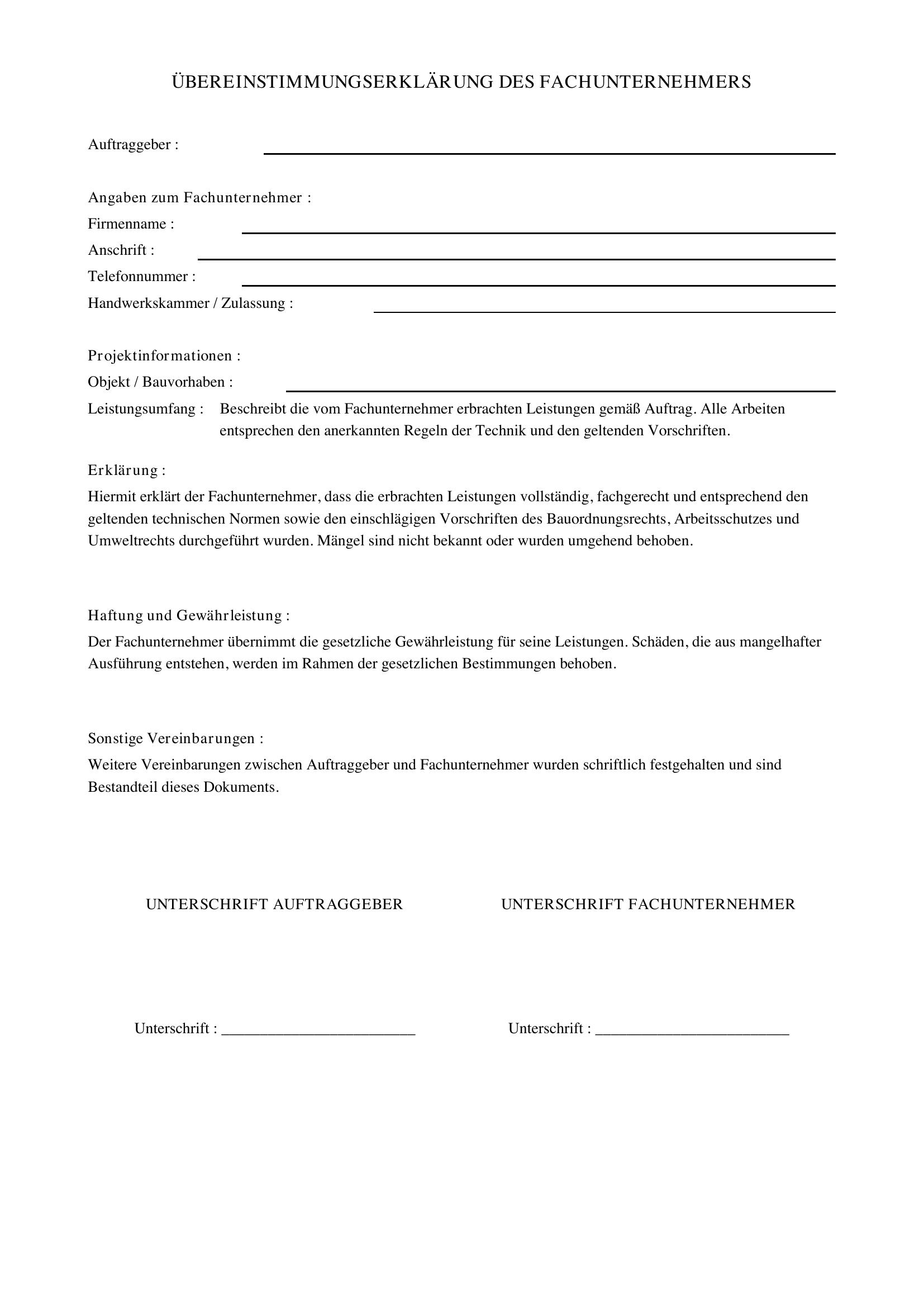 Übereinstimmungserklärung Des Fachunternehmers Vorlage