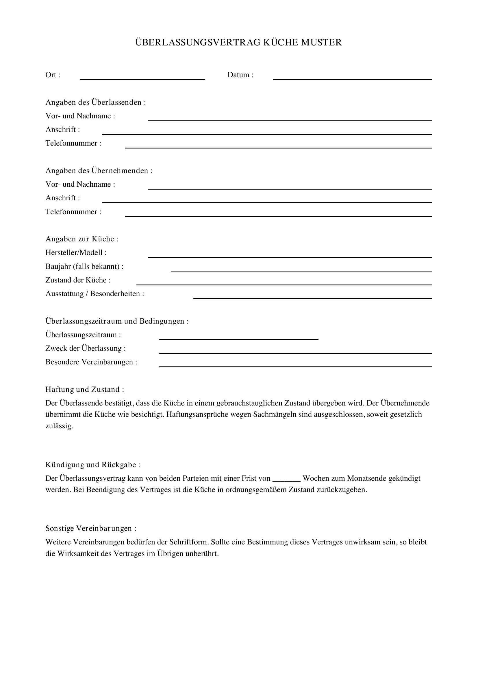 Überlassungsvertrag Küche Muster