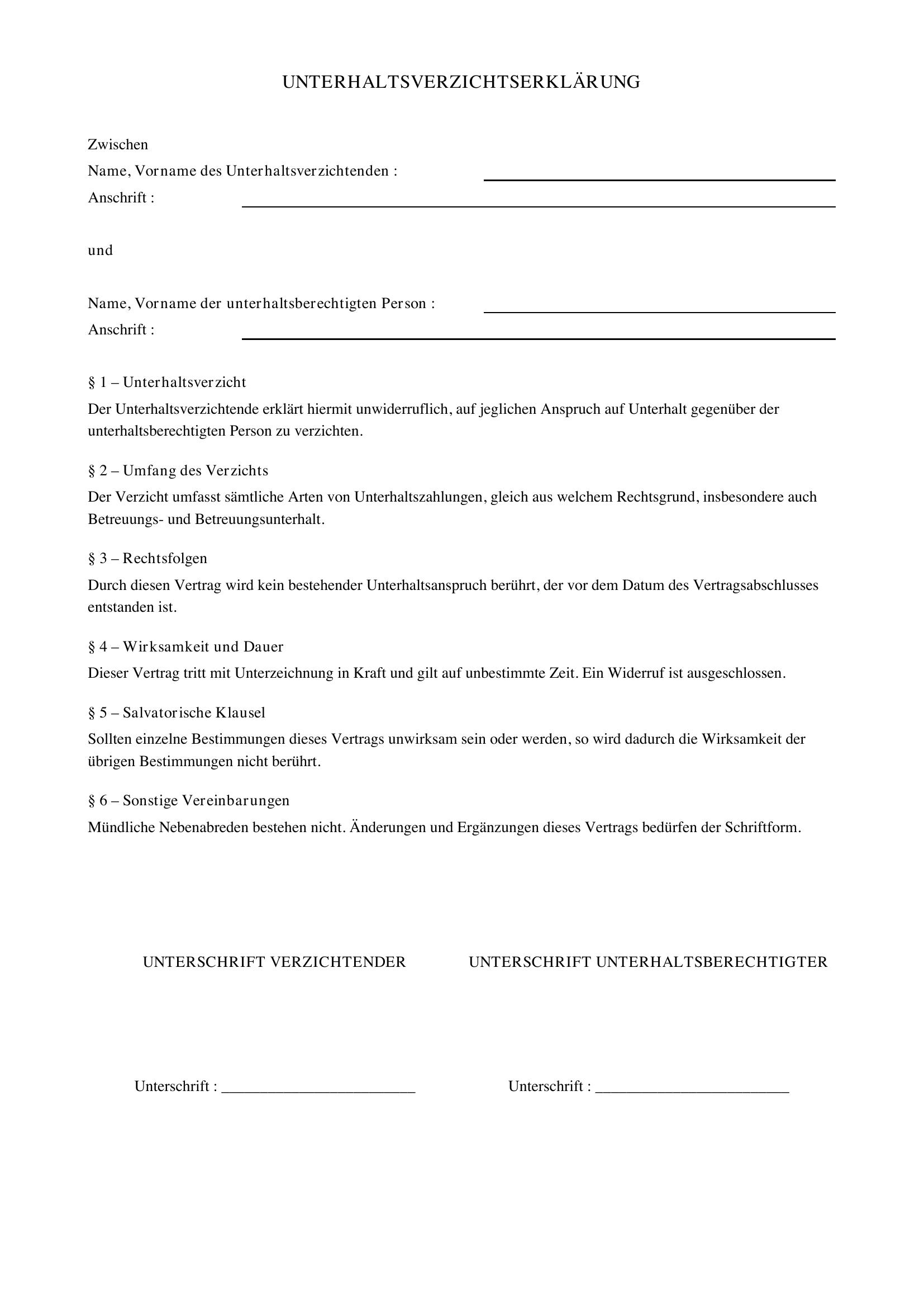 Unterhaltsverzichtserklärung