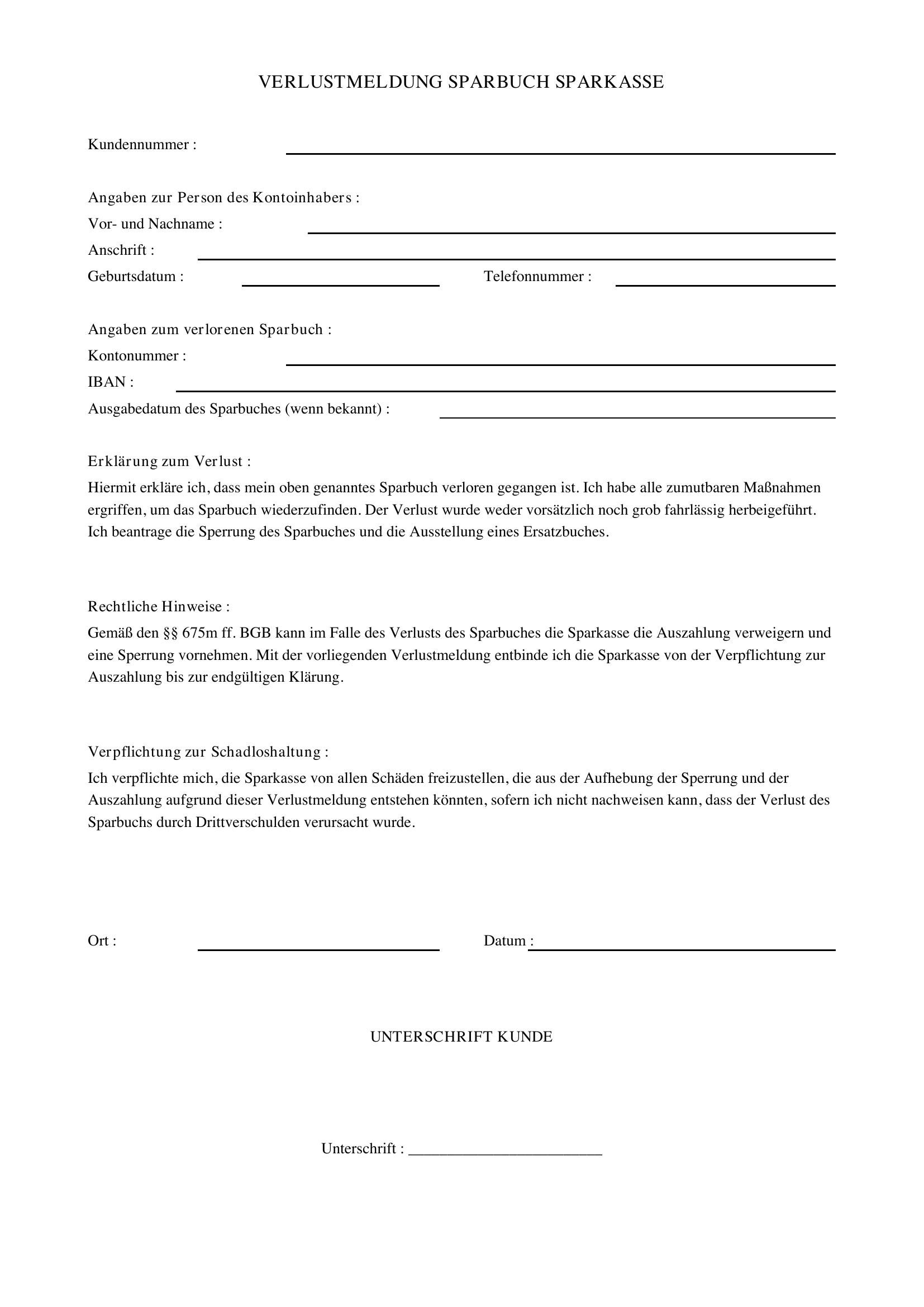 Verlustmeldung Sparbuch Sparkasse