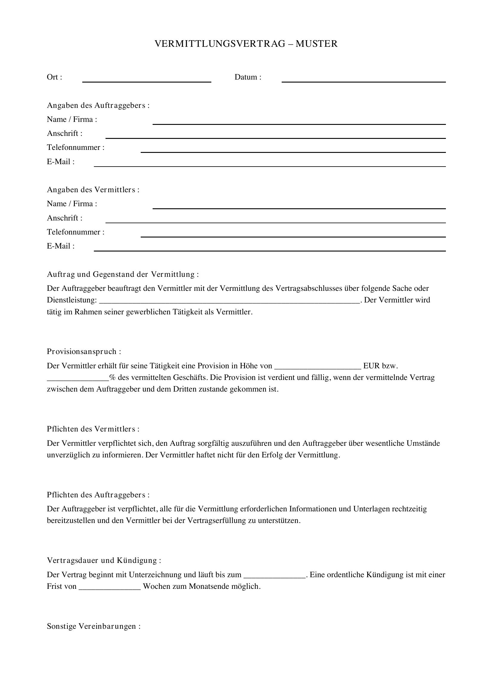 Vermittlungsvertrag Muster
