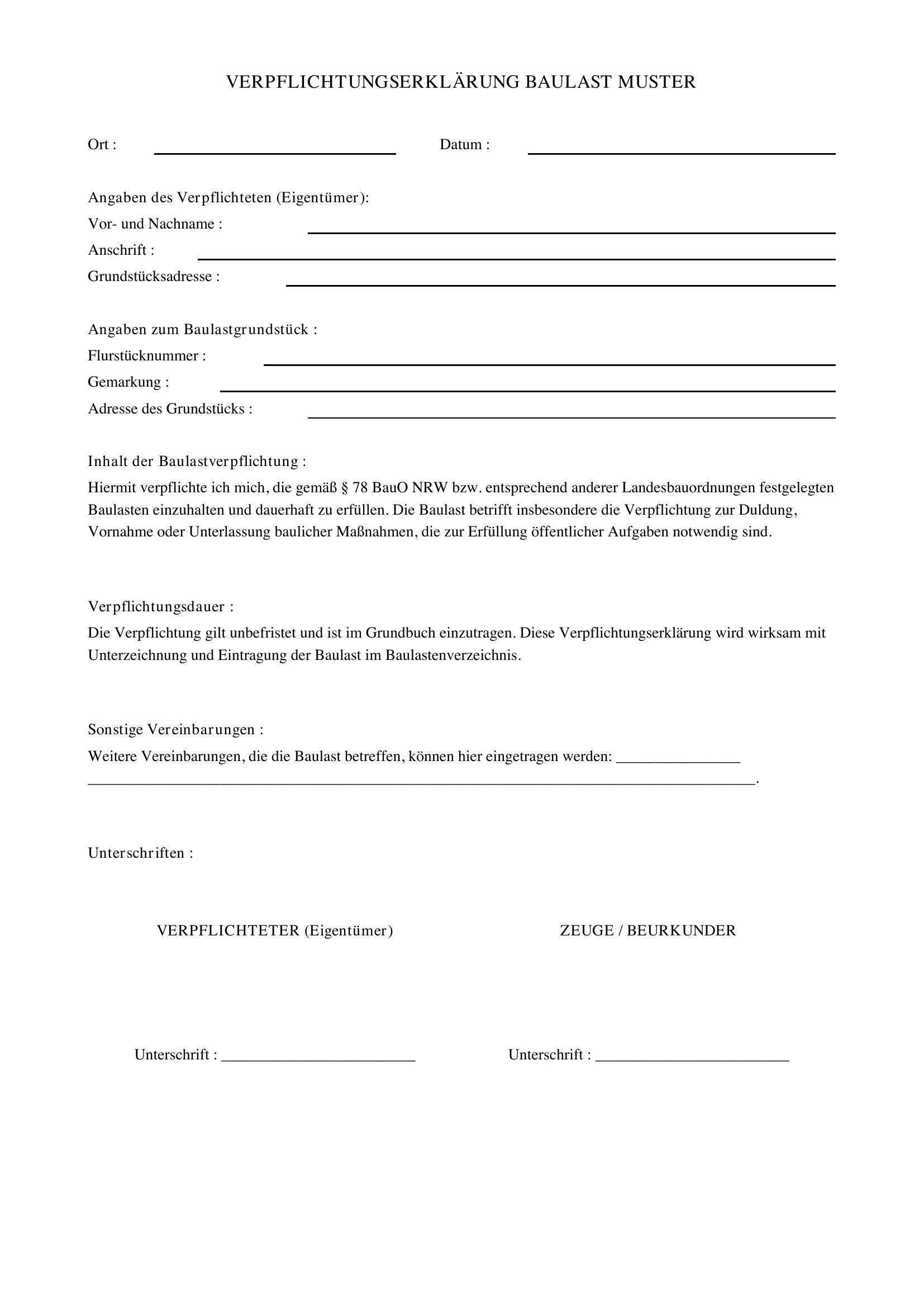 Verpflichtungserklärung Baulast Muster