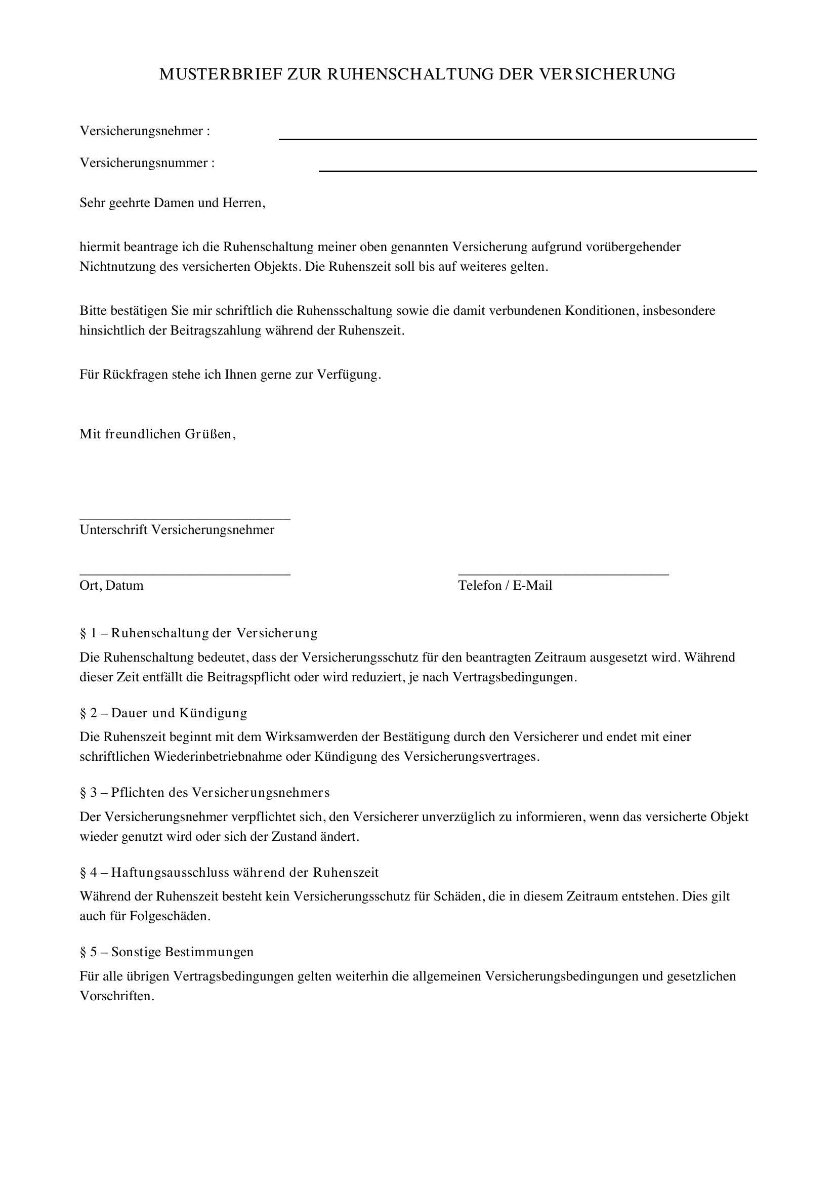 Versicherung Ruhen Lassen Musterbrief