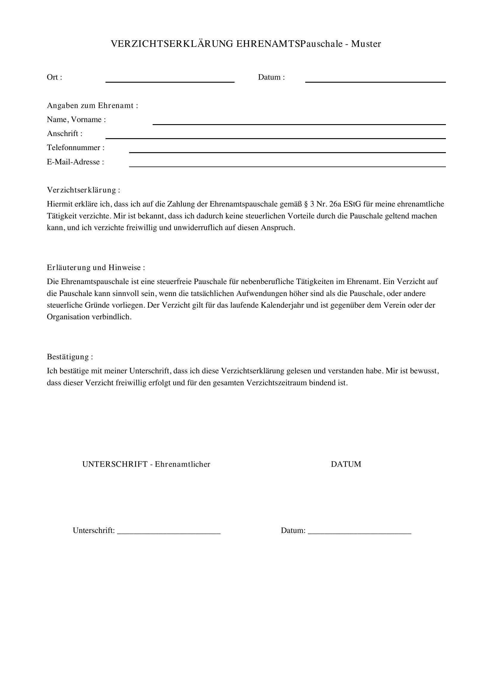 Verzichtserklärung Ehrenamtspauschale Muster