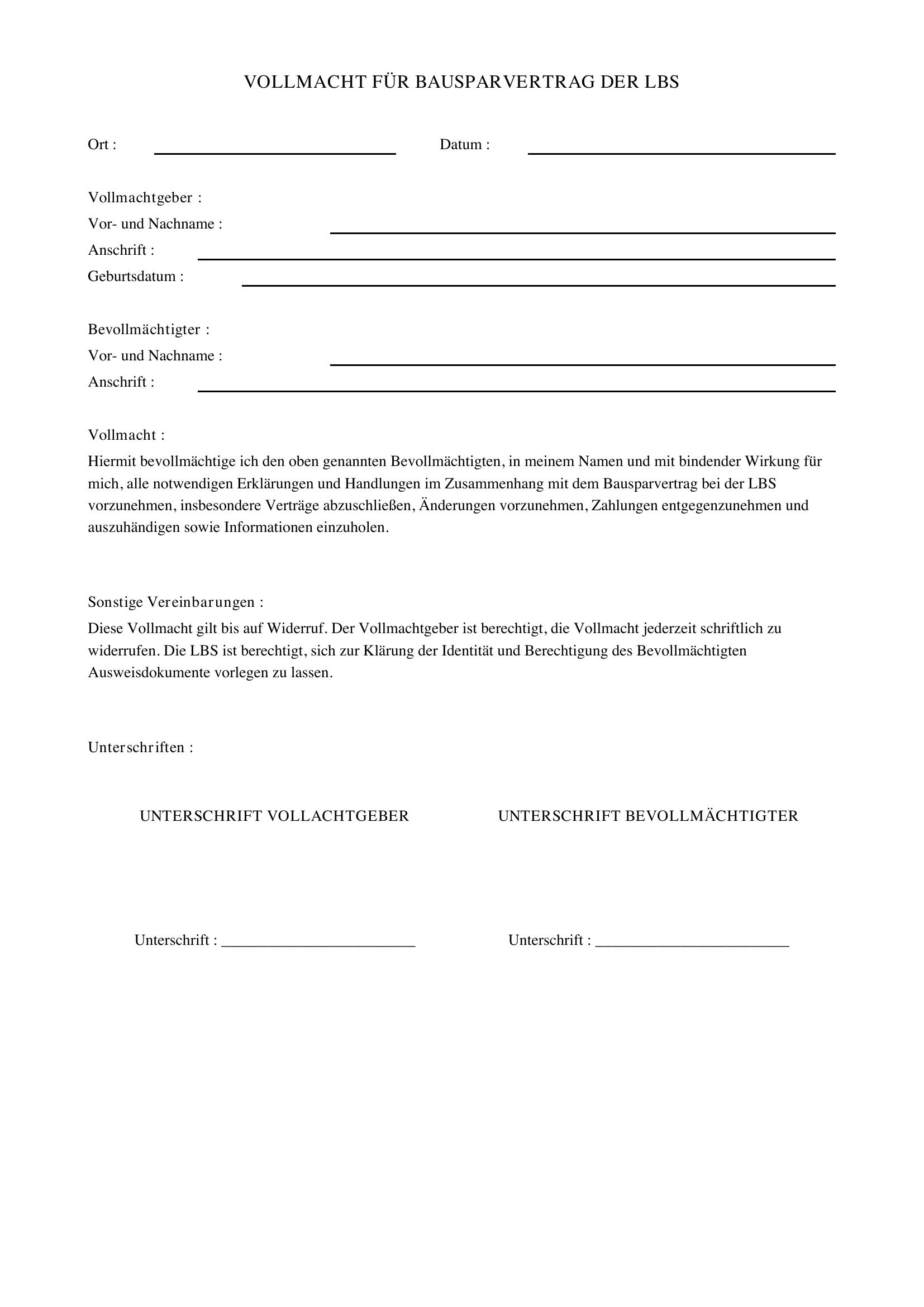 Vollmacht Bausparvertrag Lbs
