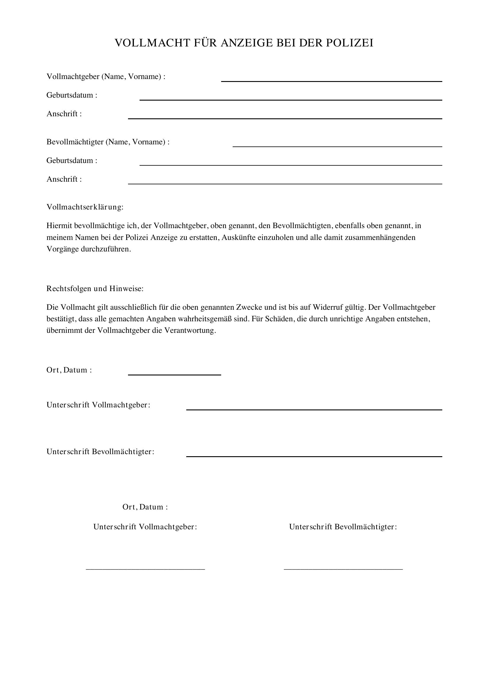 Vollmacht Für Anzeige Bei Der Polizei Muster