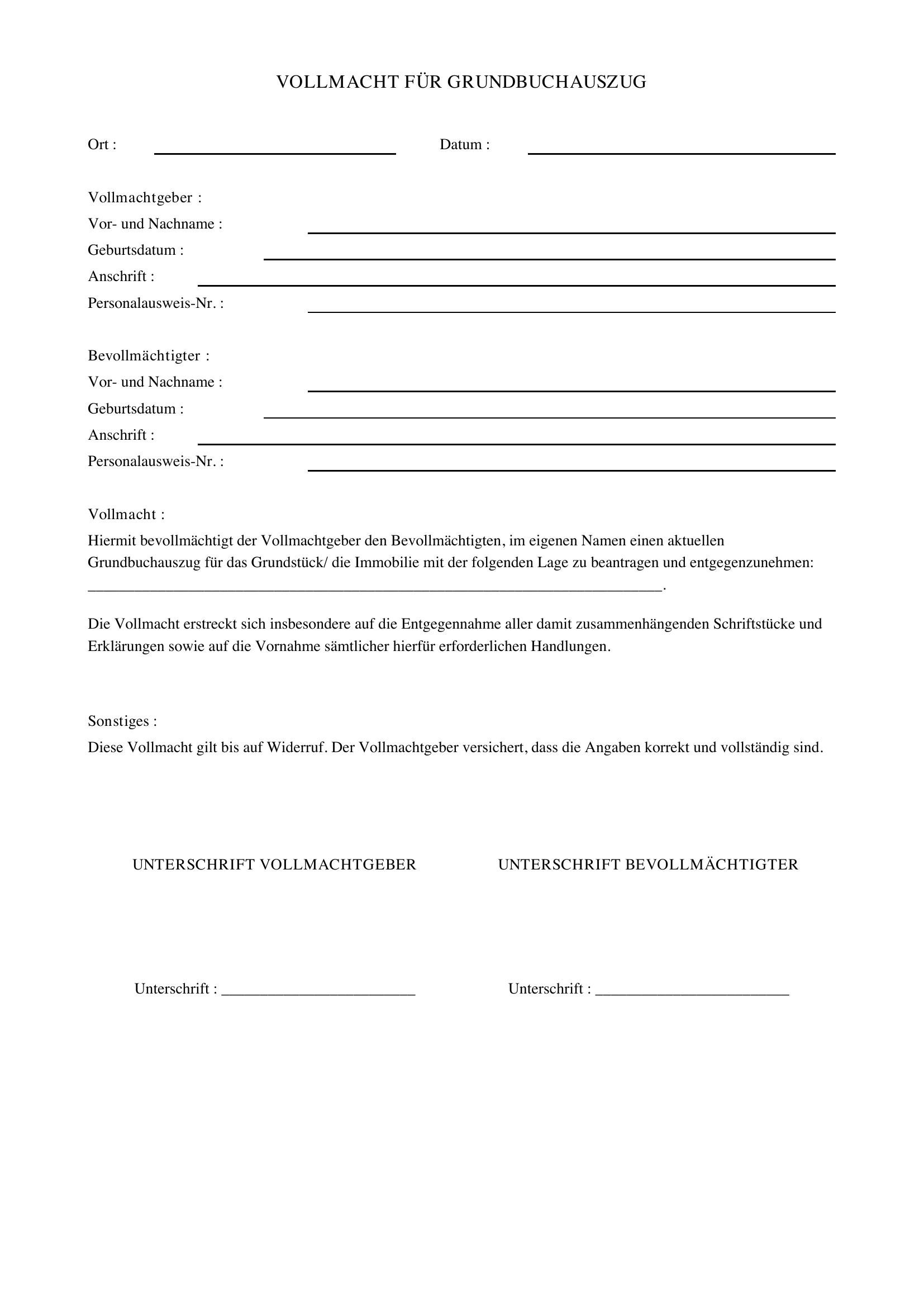 Vollmacht Grundbuchauszug Vorlage
