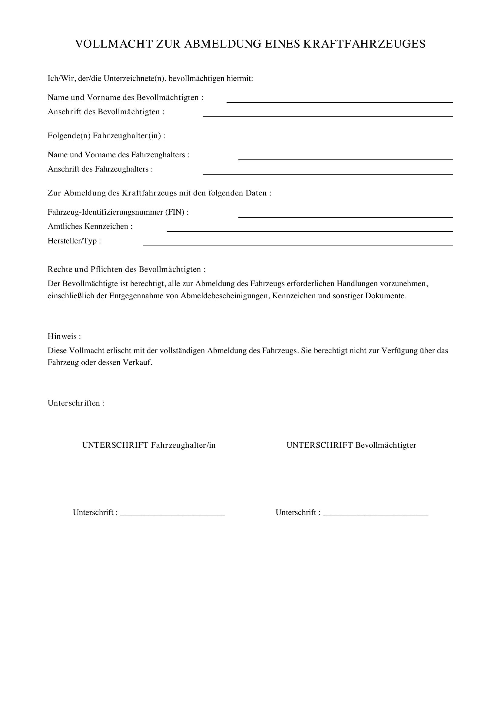 Vollmacht Kfz Abmeldung