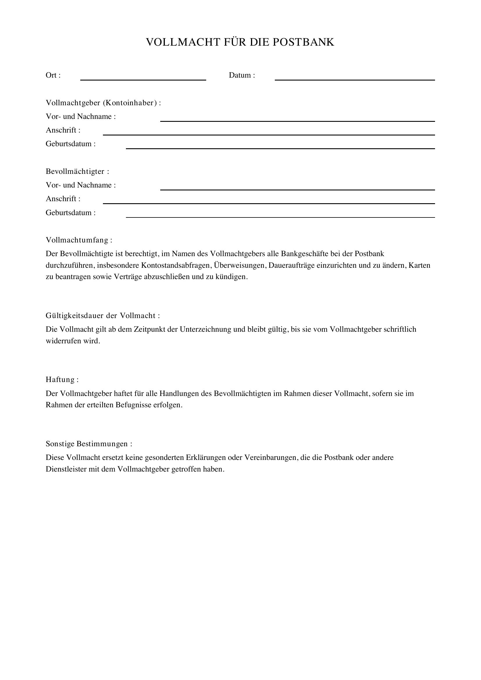 Vollmacht Postbank