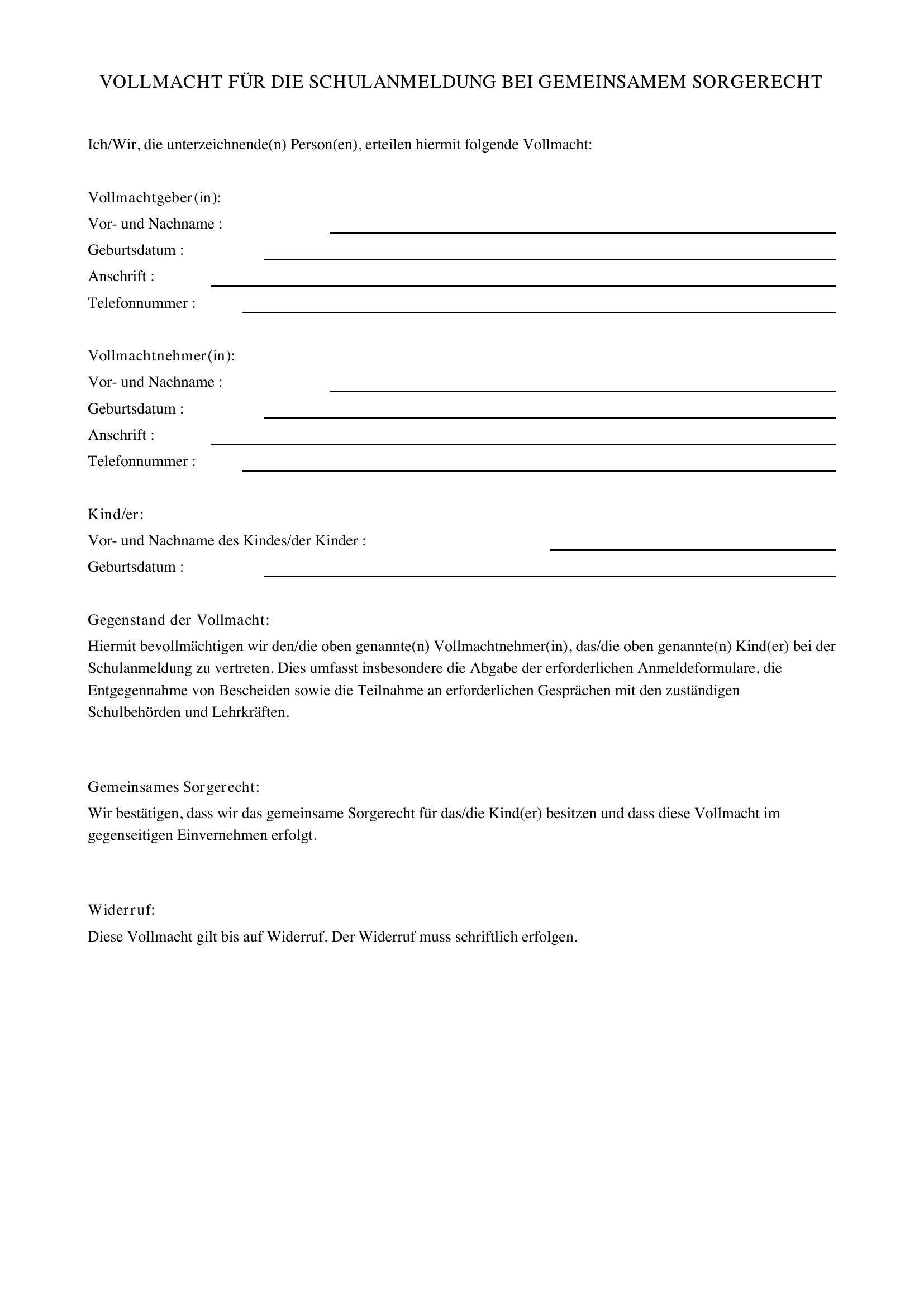 Vollmacht Schulanmeldung Gemeinsames Sorgerecht
