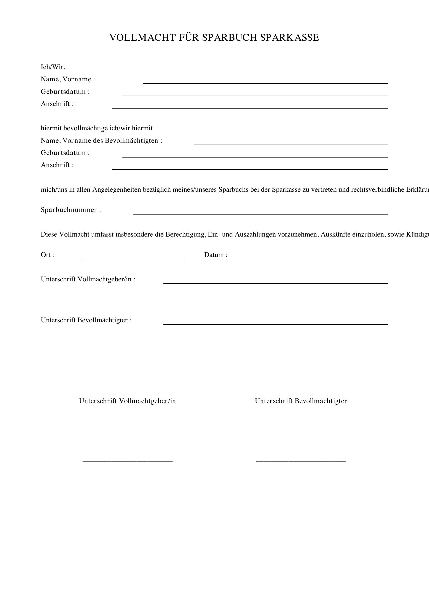 Vollmacht Sparbuch Sparkasse Vorlage