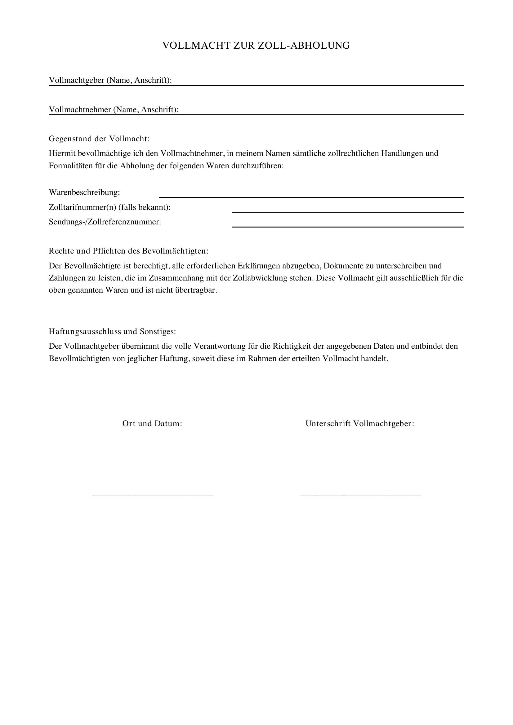 Vollmacht Zoll Abholung