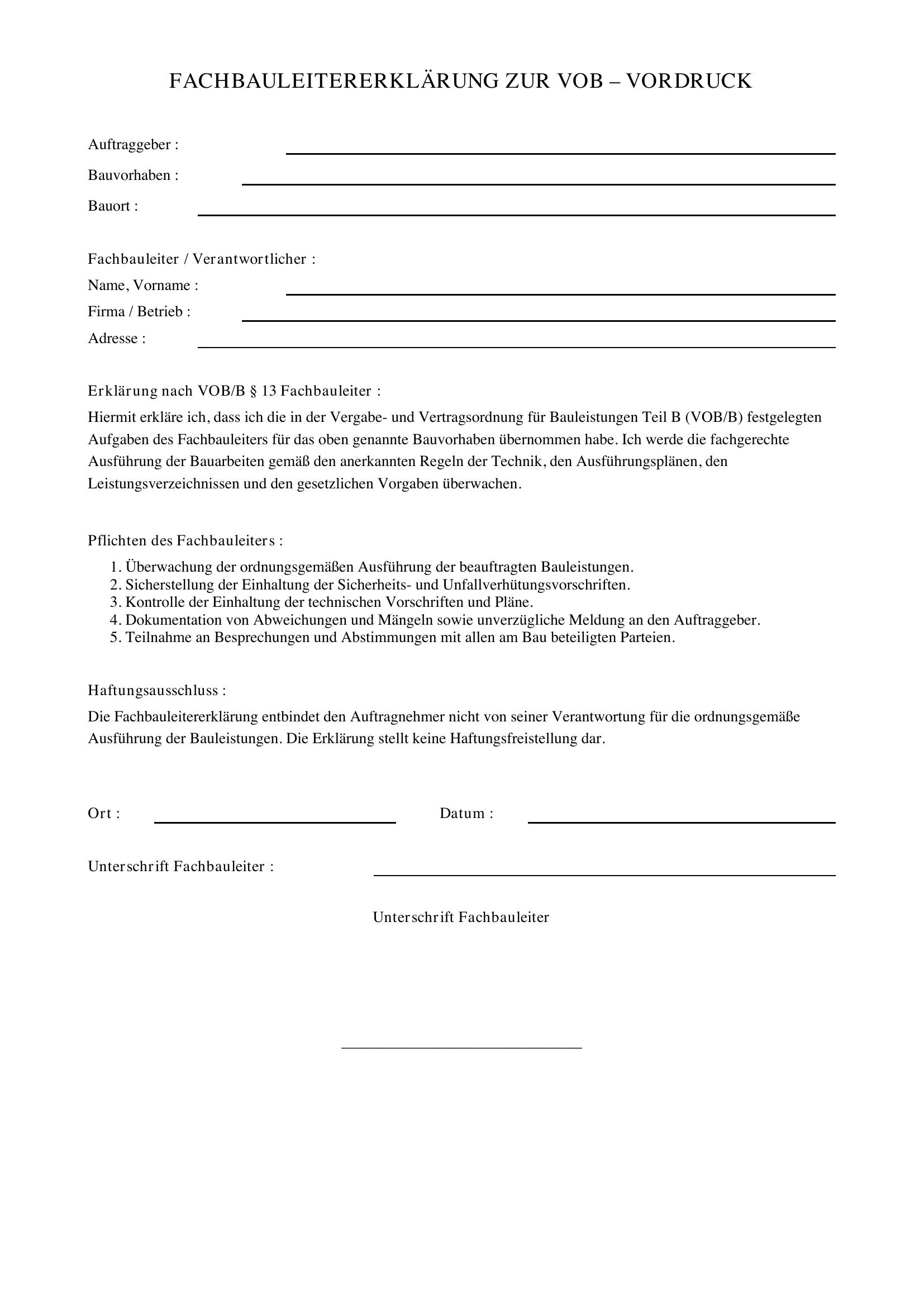 Vorlage Fachbauleitererklärung Vob Vordruck