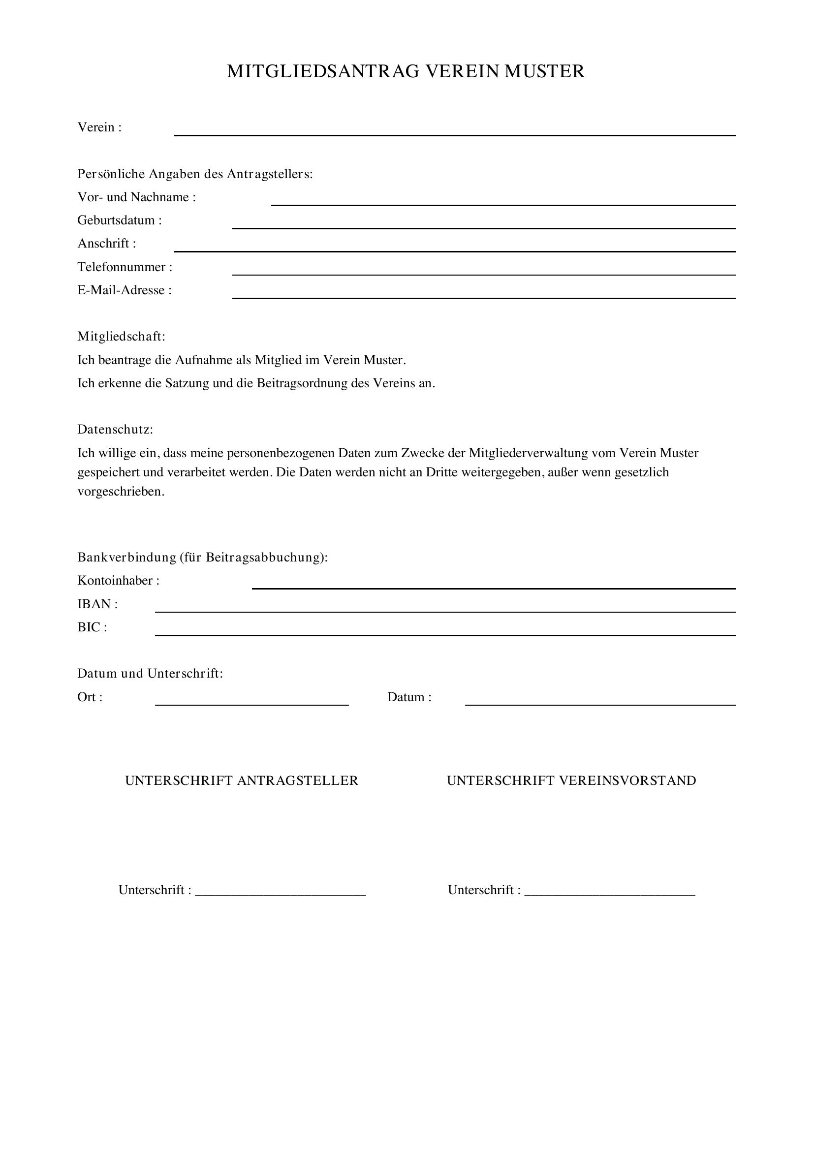 Vorlage Mitgliedsantrag Verein Muster
