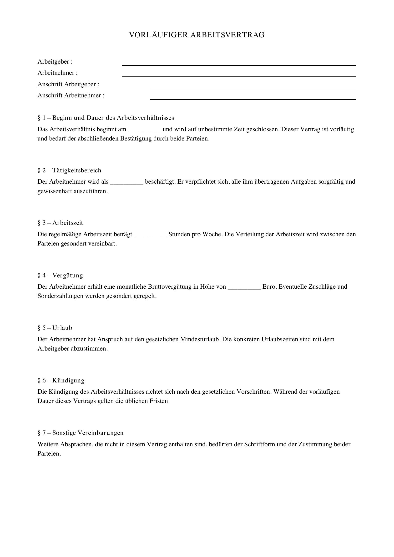 Vorläufiger Arbeitsvertrag Muster