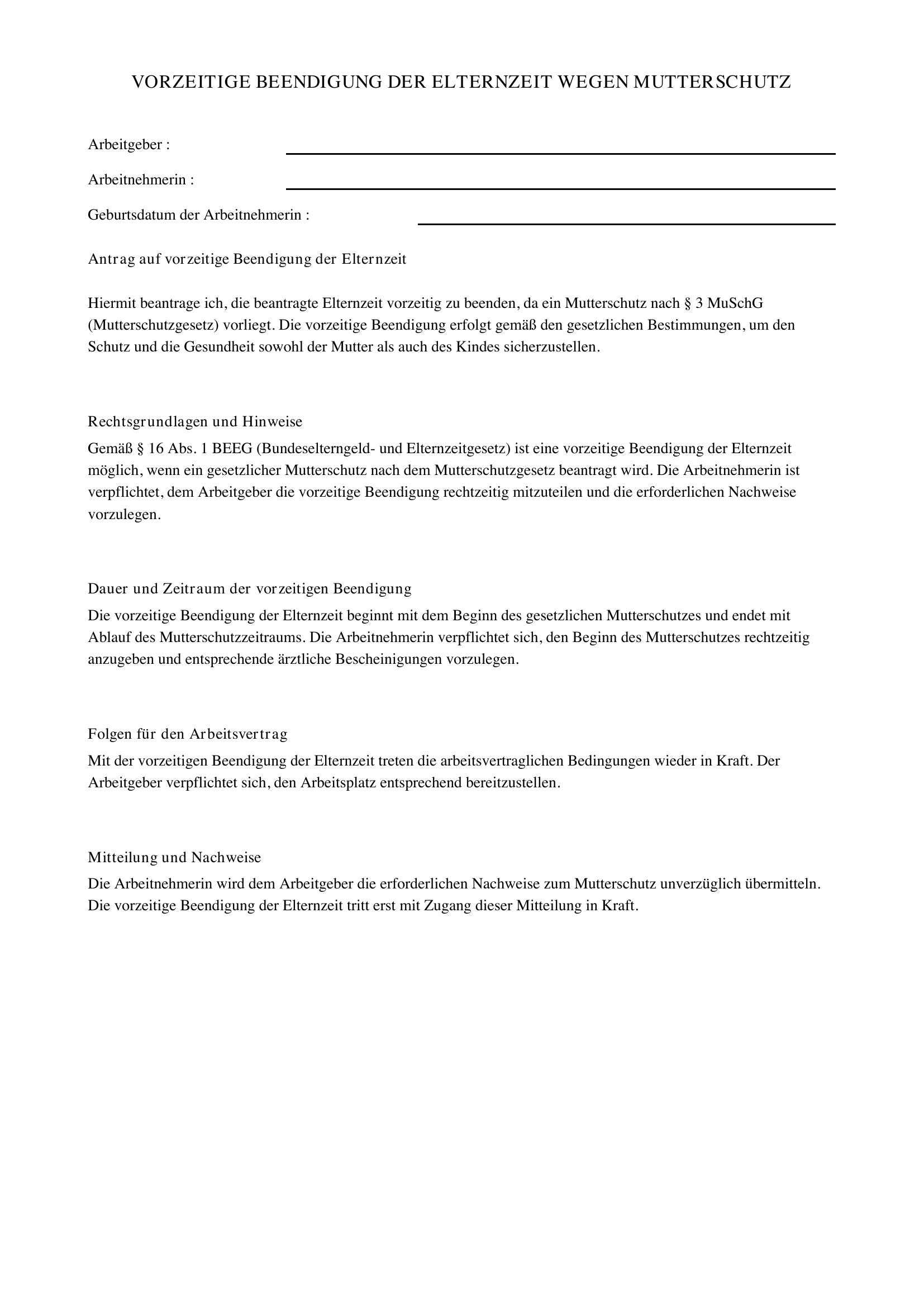 Vorzeitige Beendigung Elternzeit Wegen Mutterschutz Vorlage