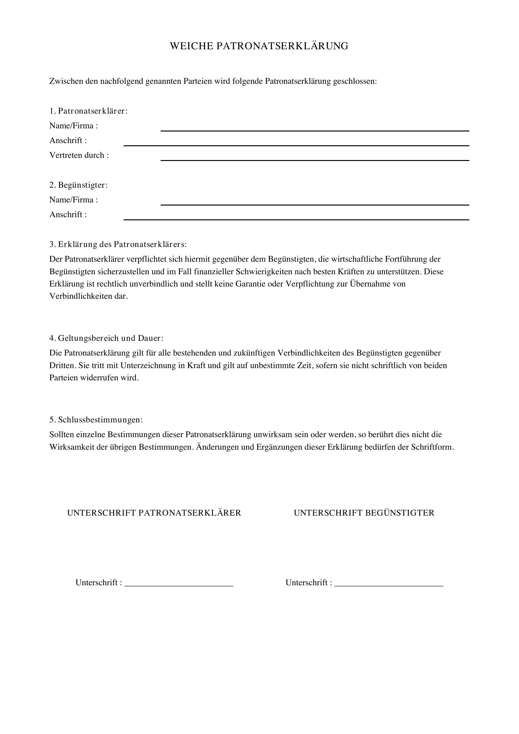 Weiche Patronatserklärung Muster