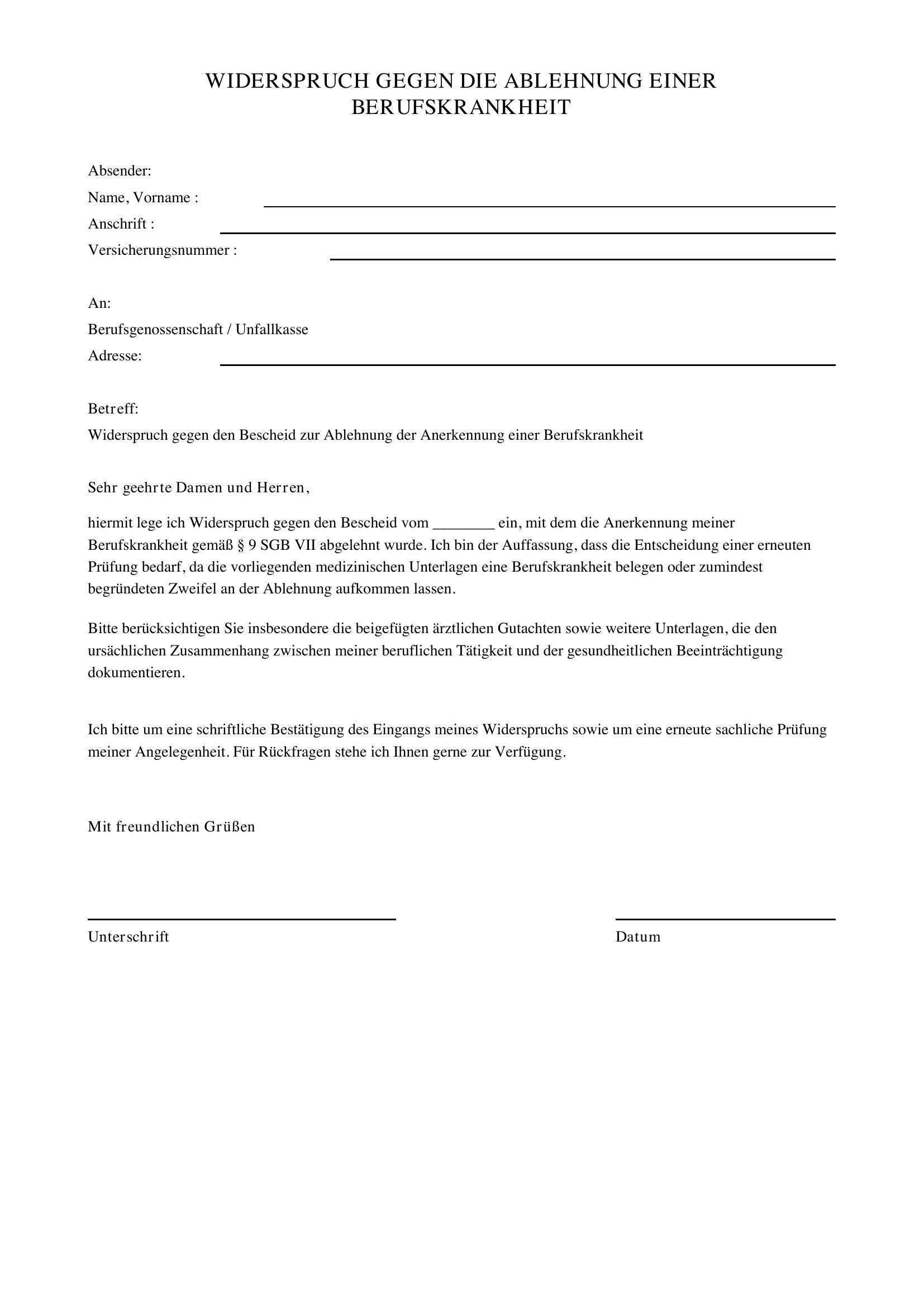 Widerspruch Ablehnung Berufskrankheit Muster