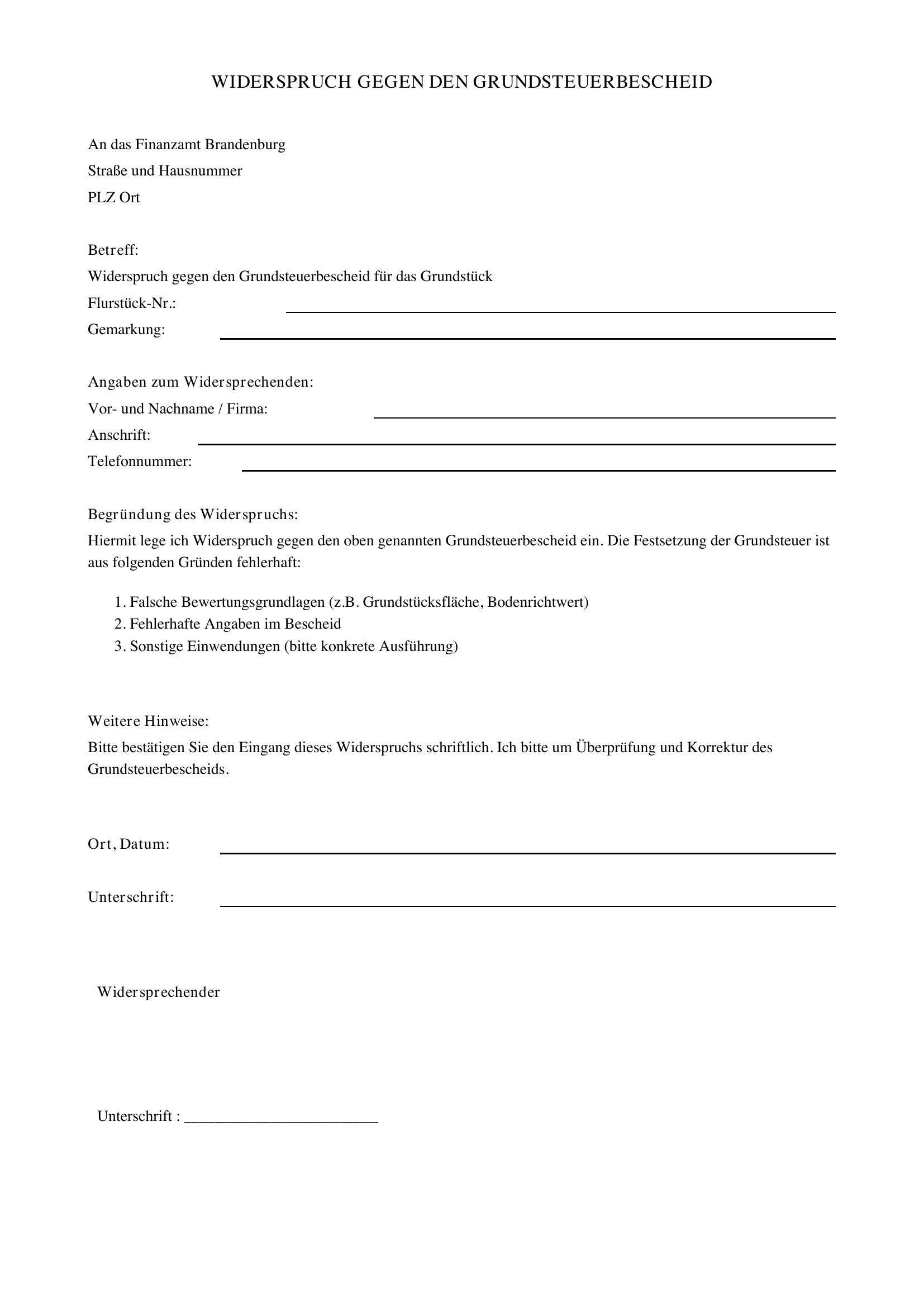 Widerspruch Grundsteuerbescheid Brandenburg Muster