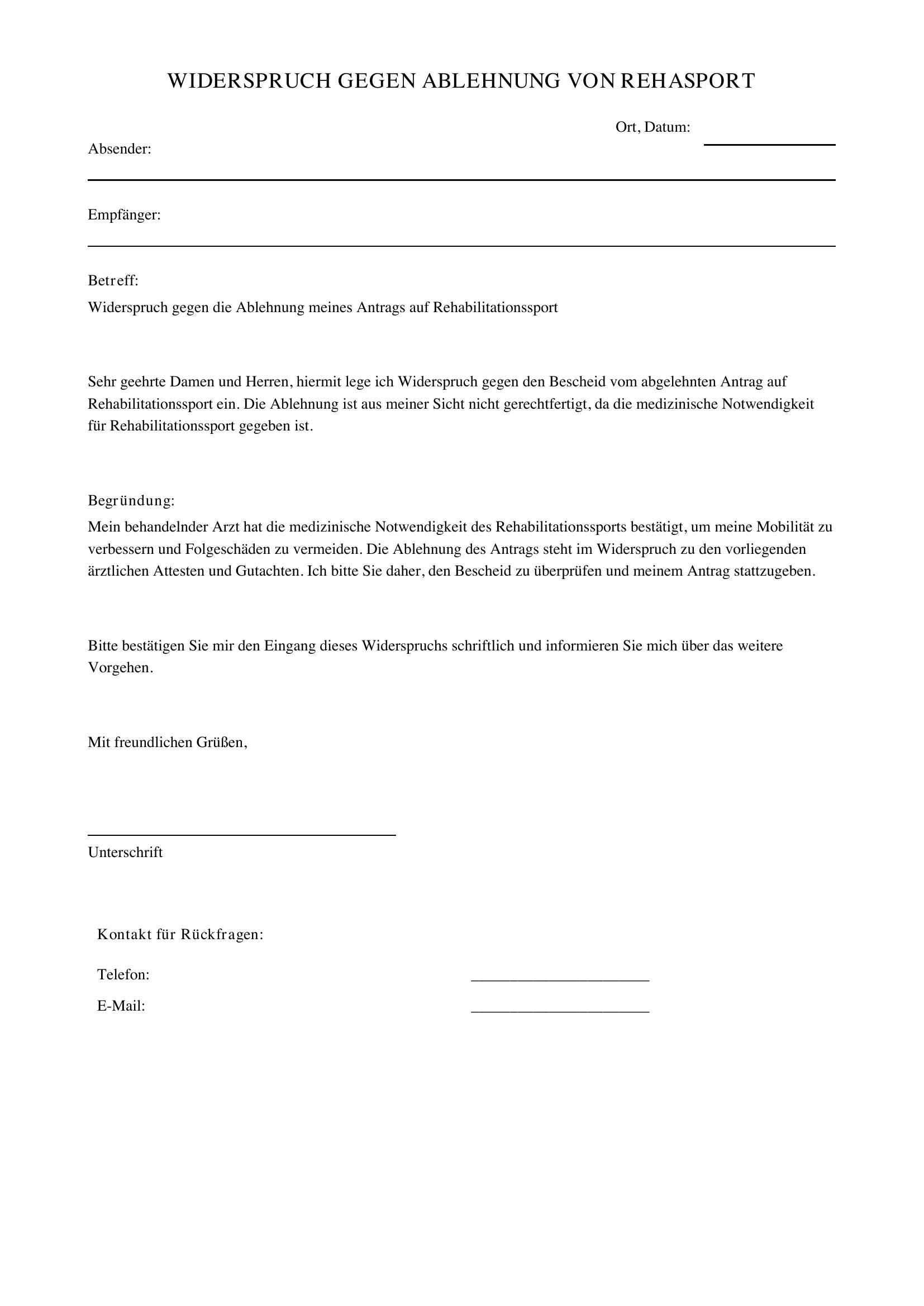 Widerspruch Rehasport Ablehnung Musterbrief