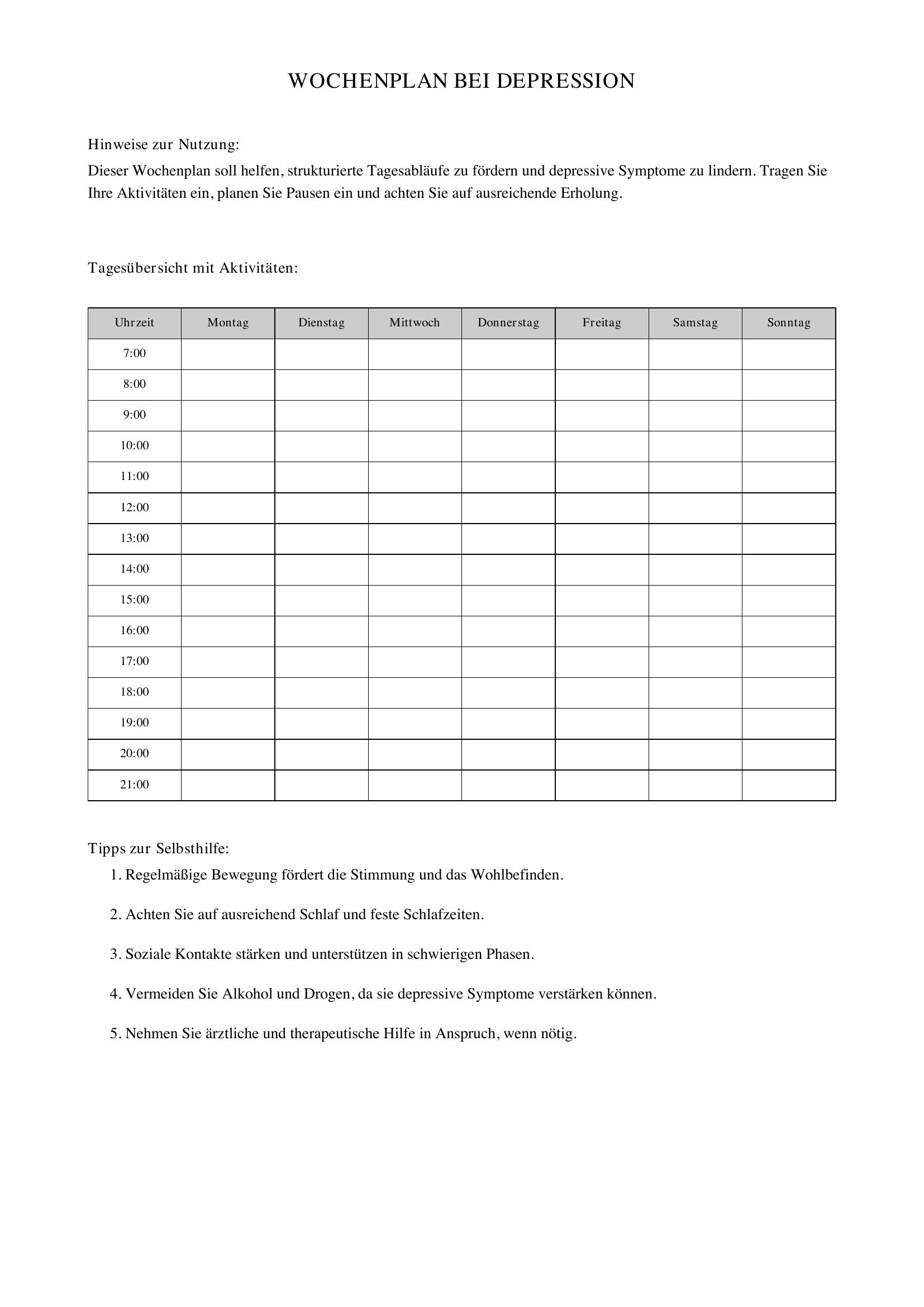 Wochenplan Depression Beispiel