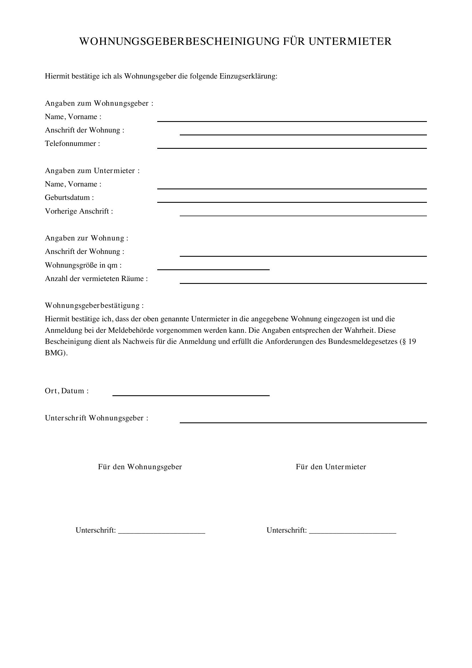 Wohnungsgeberbescheinigung Untermieter Vorlage