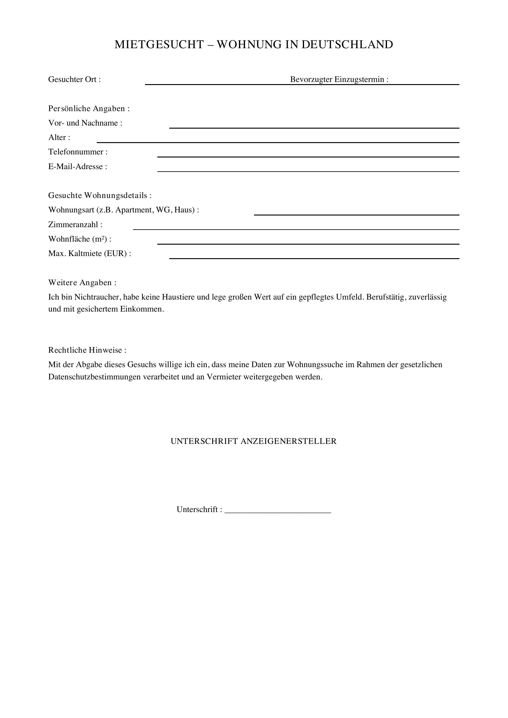Wohnungssuche Anzeige Muster